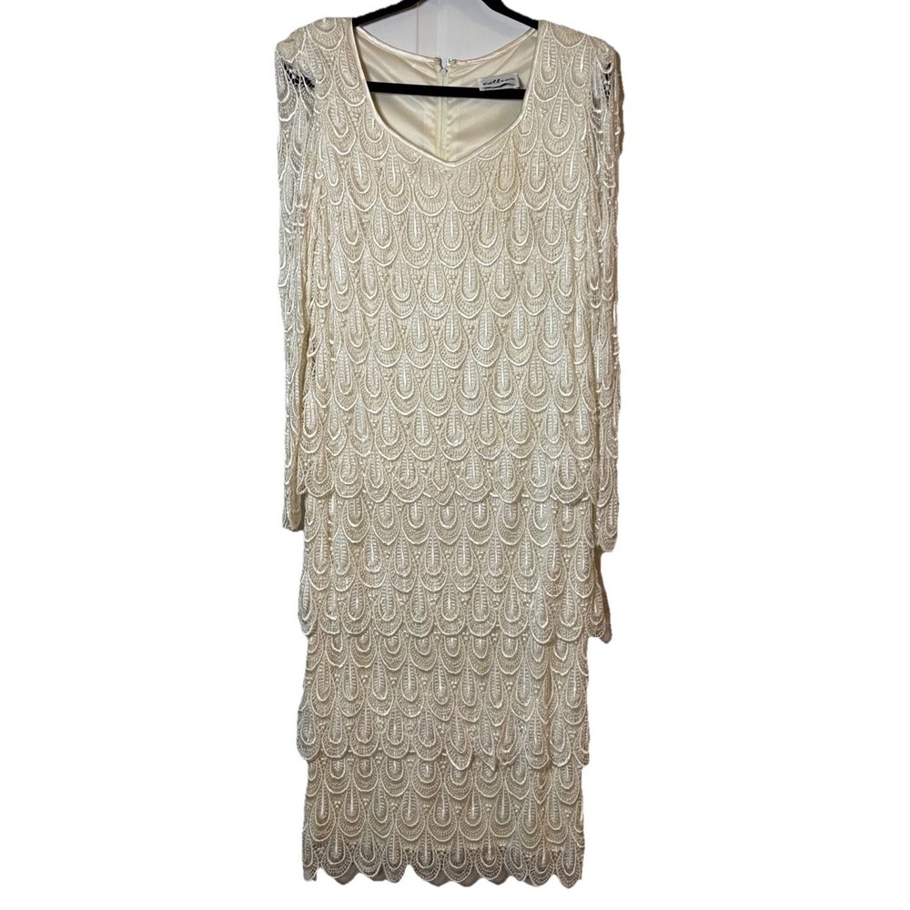 Vintage Cattiva‎ Size 14 Ivory Beaded Art Deco Tiered Cocktail Dress Made USA
